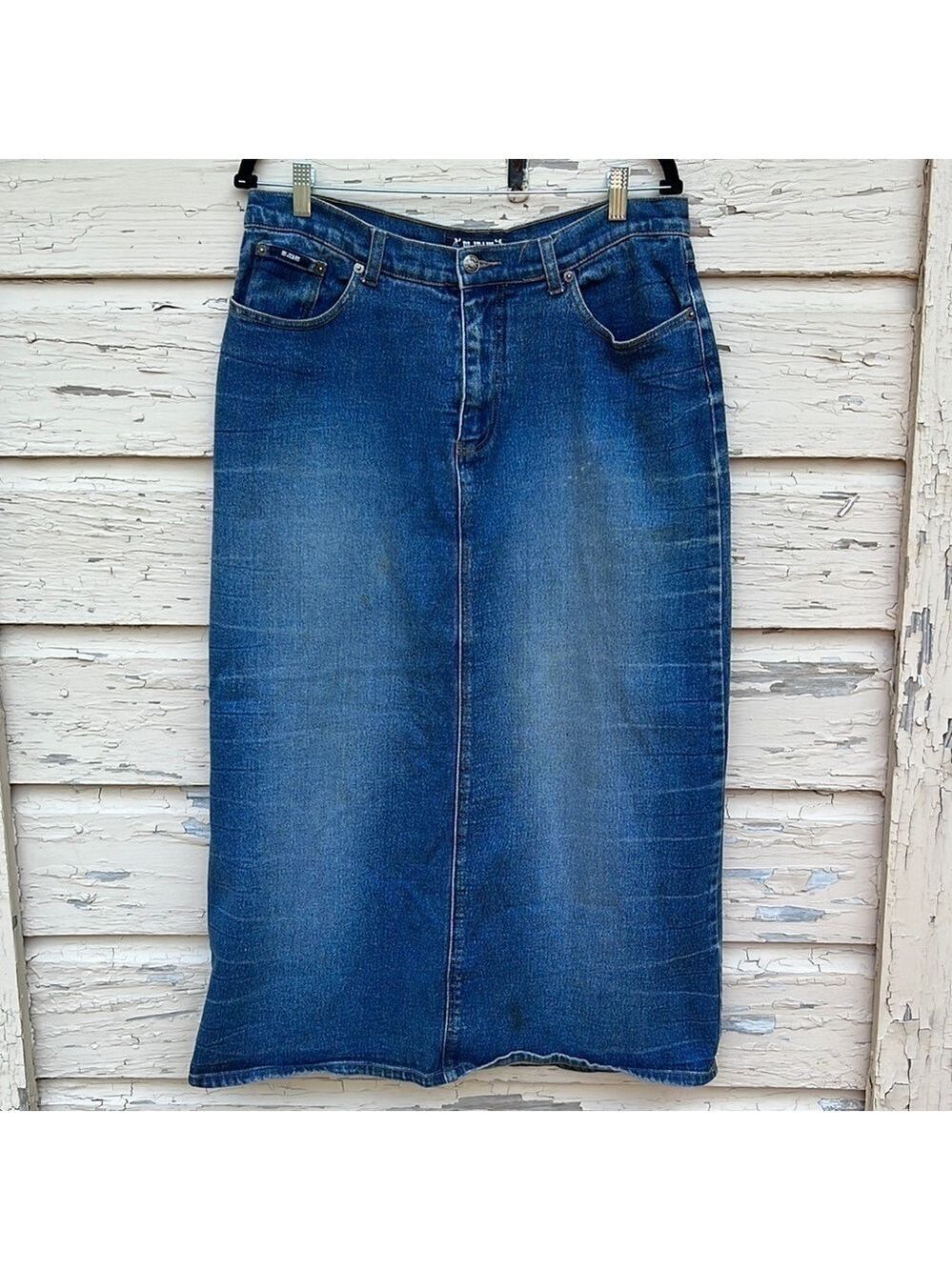 Vintage Hi Jeans 90S Denim Maxi Distressed Whiskering Column Skirt H1